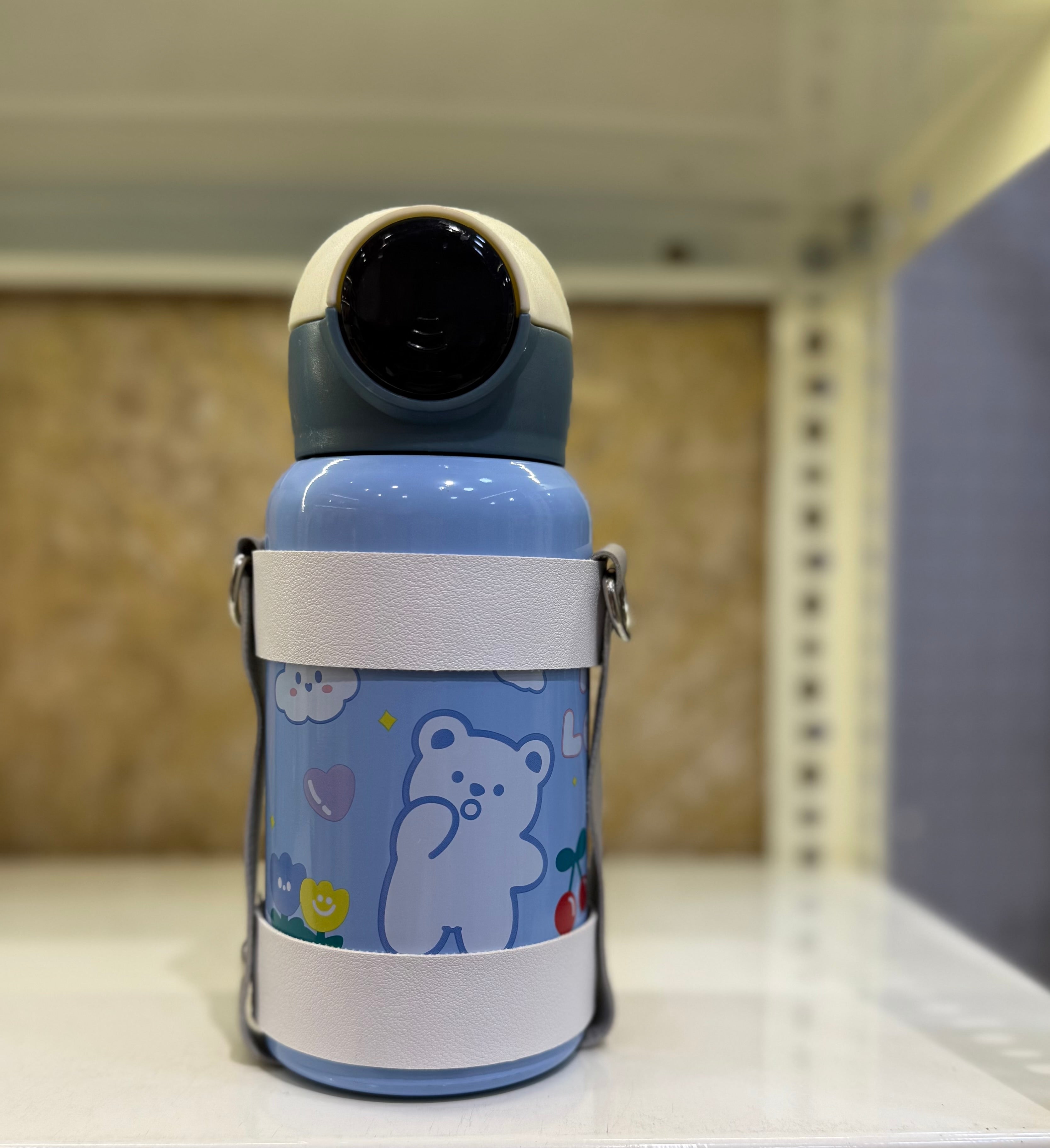 Kawaii Blue Bear Stainless Steel Bottle for Kids – Leak-Proof Temperature Sipper with Strap
