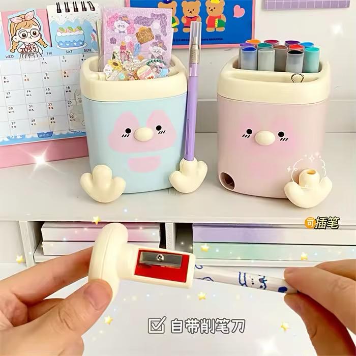 Cute Cartoon Pen Holder with Built-in Sharpener – Multi-functional Desk Organizer