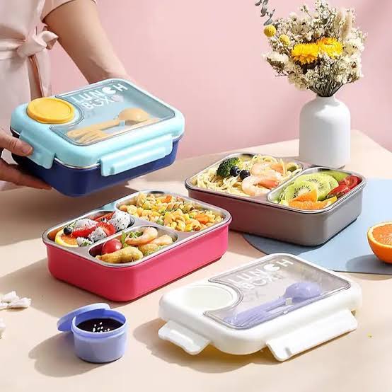 3 Compartment Stainless Steel Lunch Box with Leakproof Lid & Cutlery