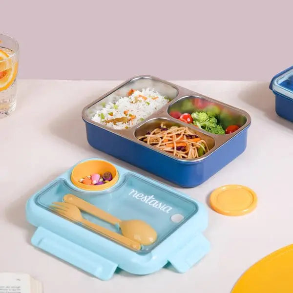 3 Compartment Stainless Steel Lunch Box with Leakproof Lid & Cutlery
