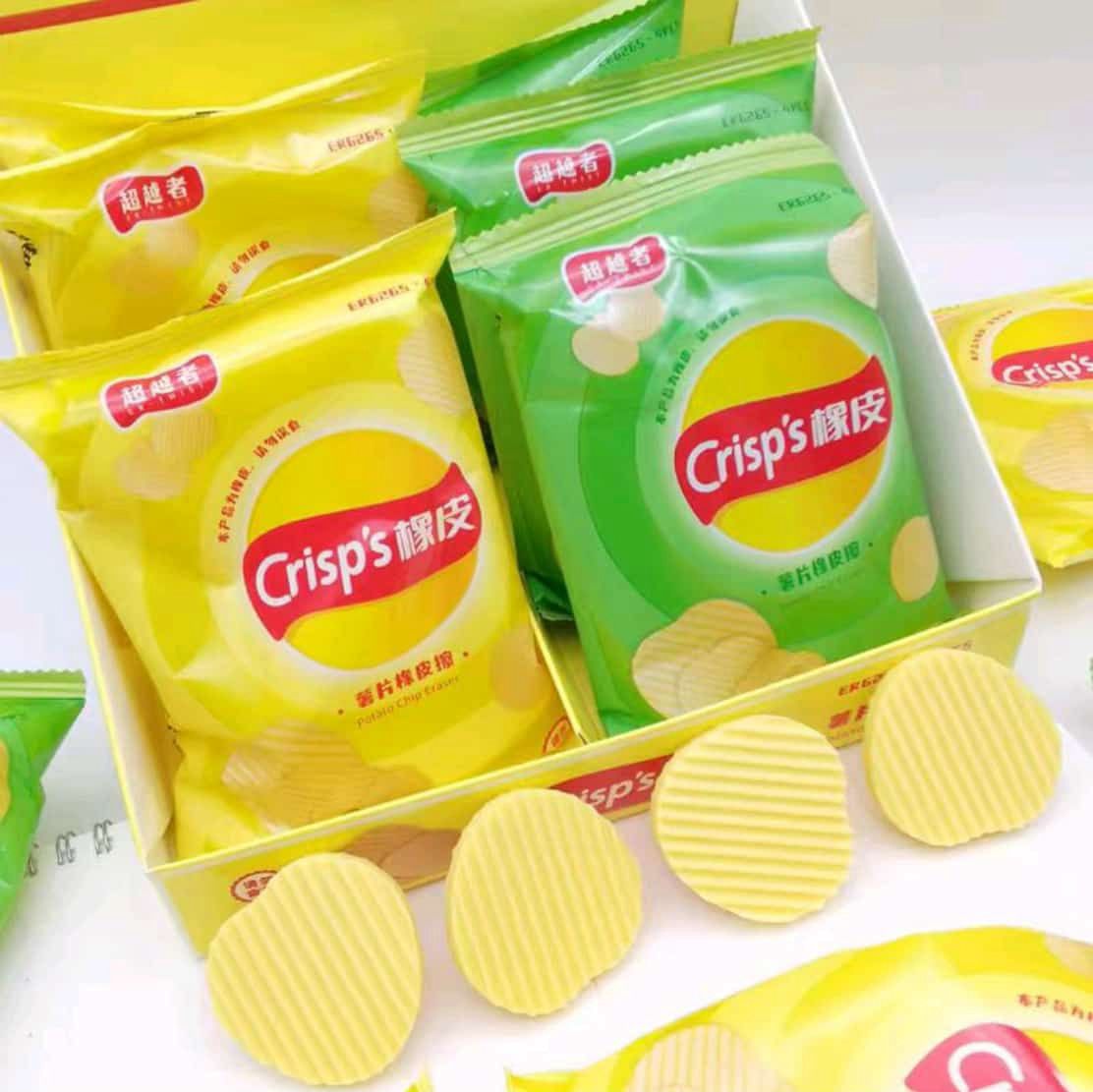 Potato chips style erasers in Crisp's snack pack design