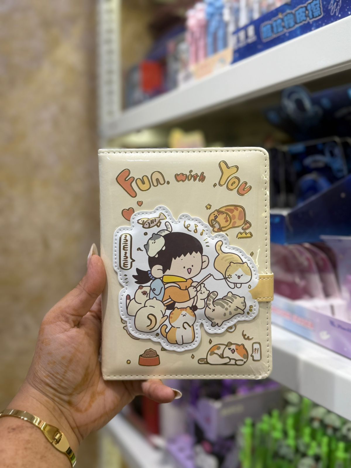 Beige 'Fun With You' cats journal with strap
