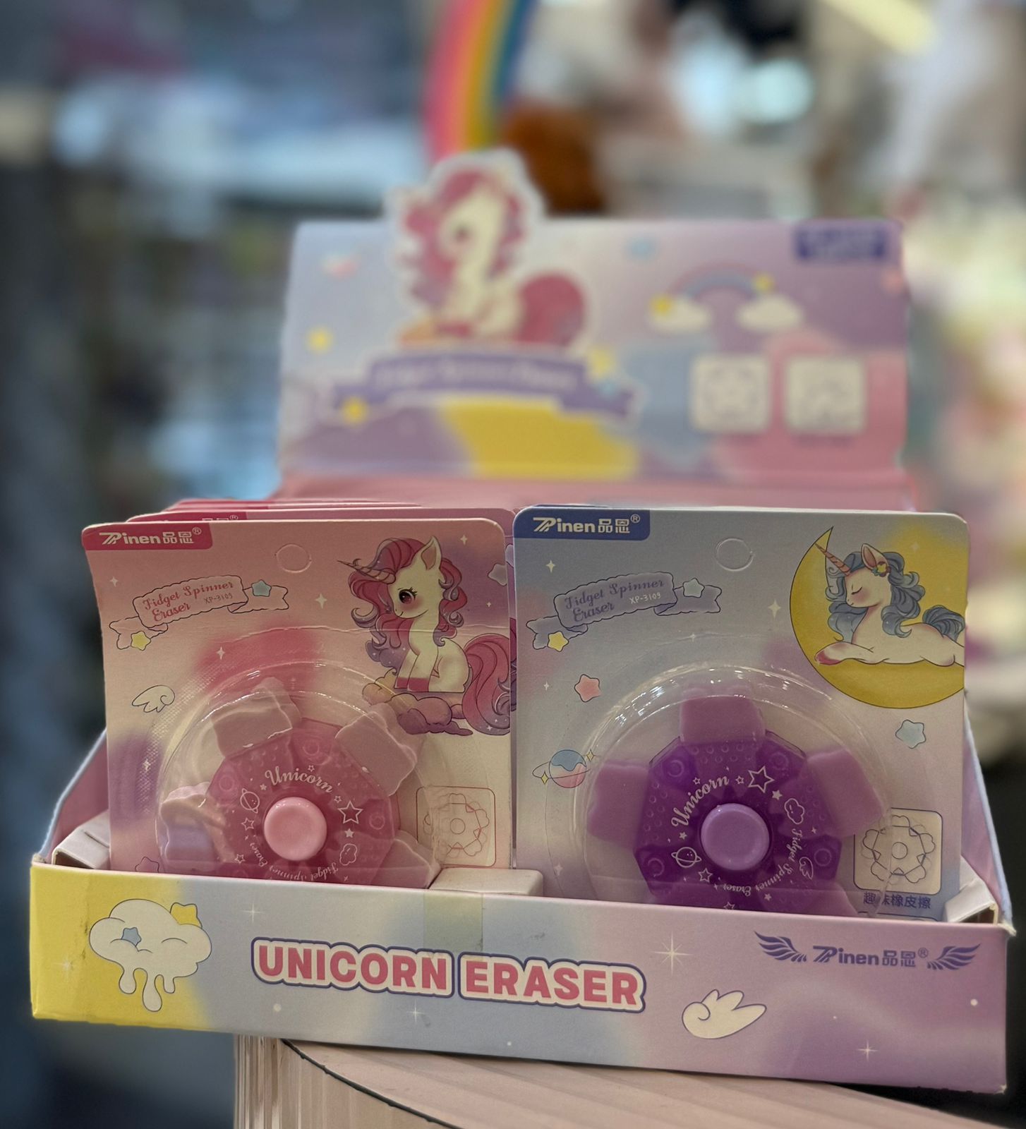Unicorn Fidget Spinner Eraser with pink and purple pastel design
